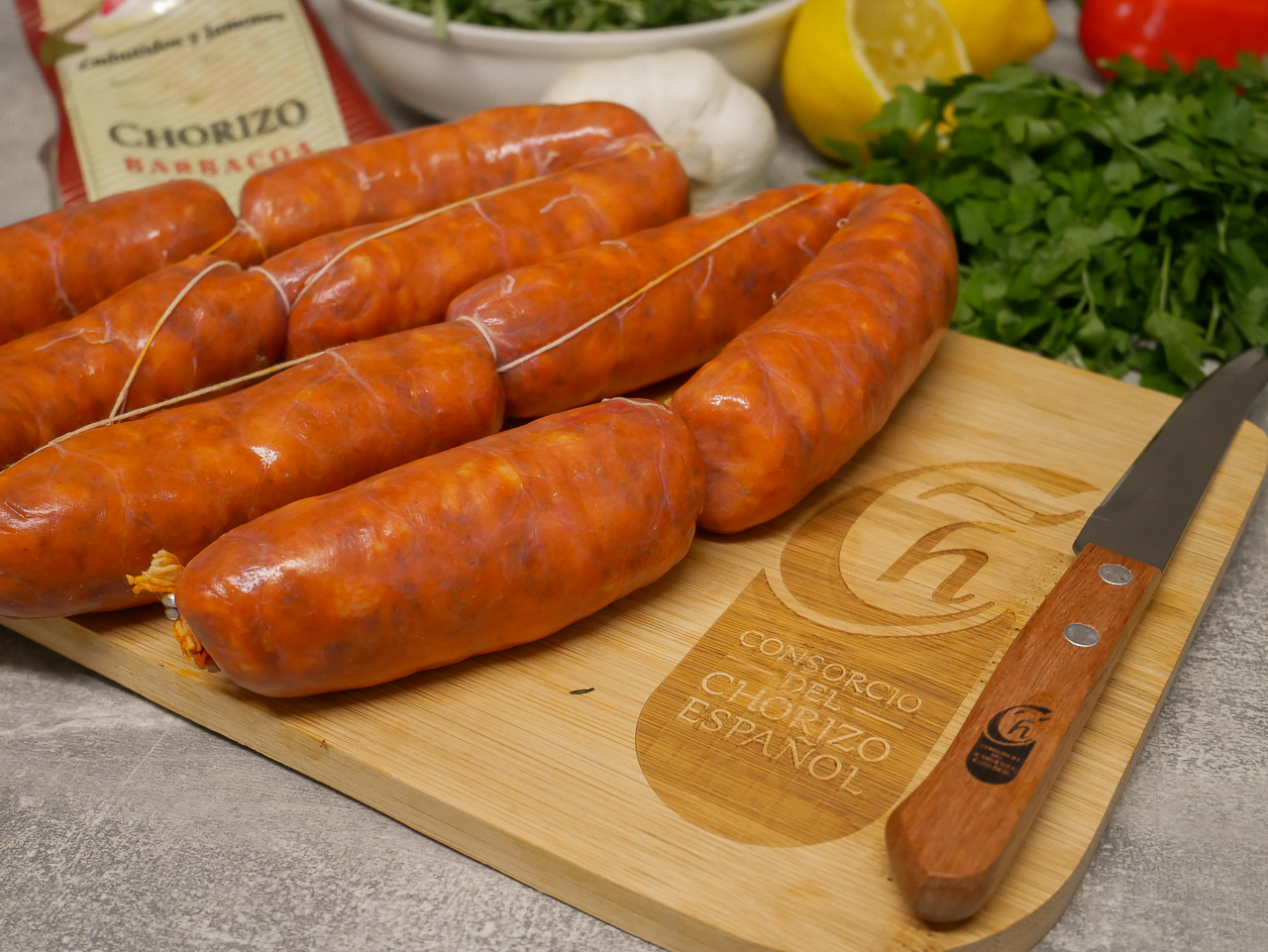 Spanish Chorizo on the chopping board, ready for a Chorizo BBQ