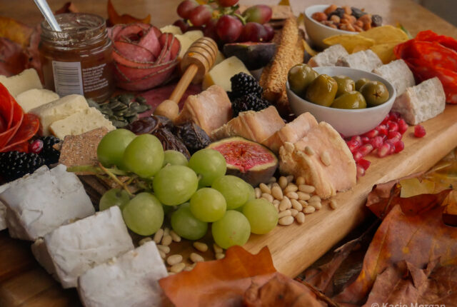 An autumn/fall cheeseboard assembled using Caws Cenarth cheeses.