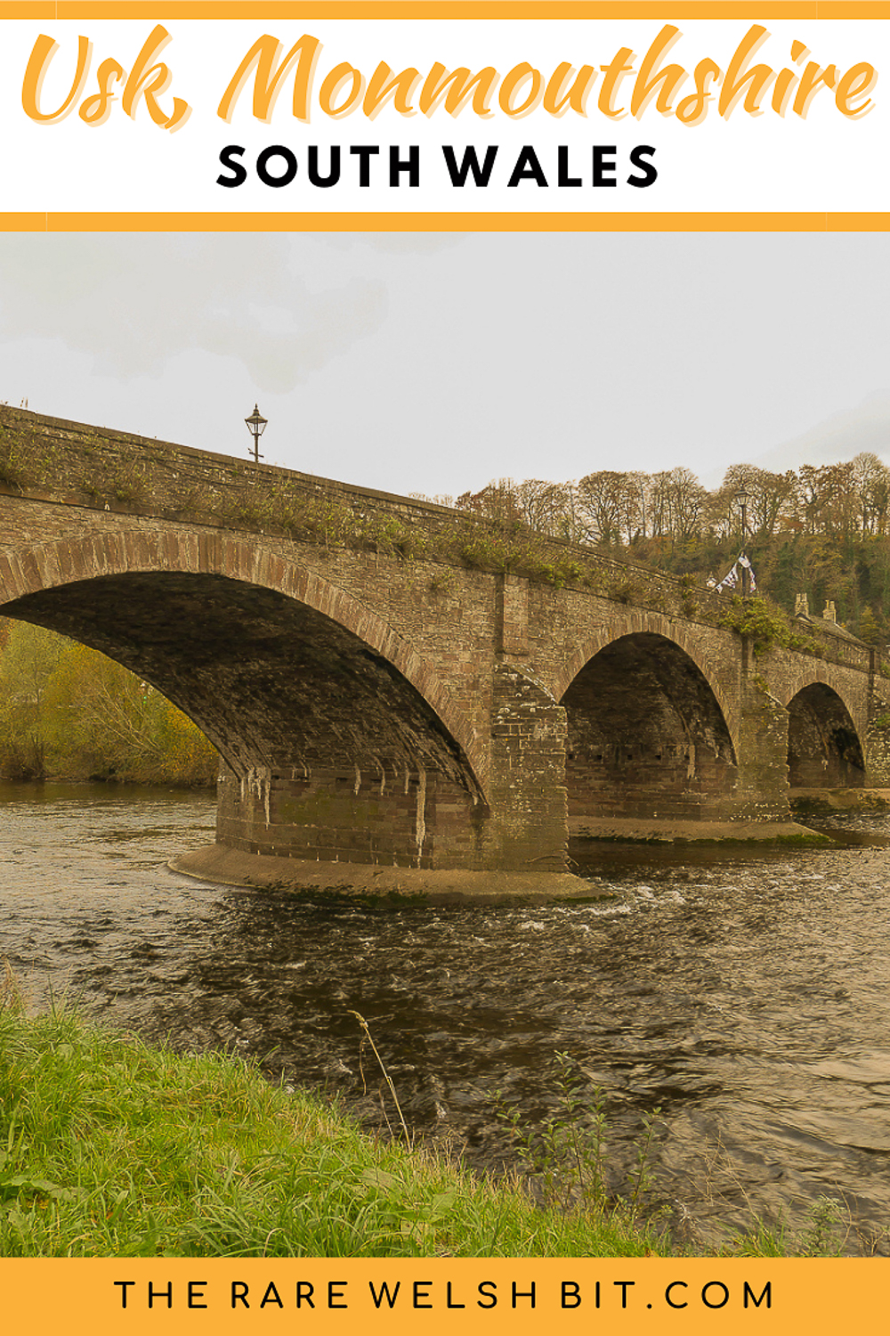The stone arch bridge across the River Usk in Monmouthshire, South Wales