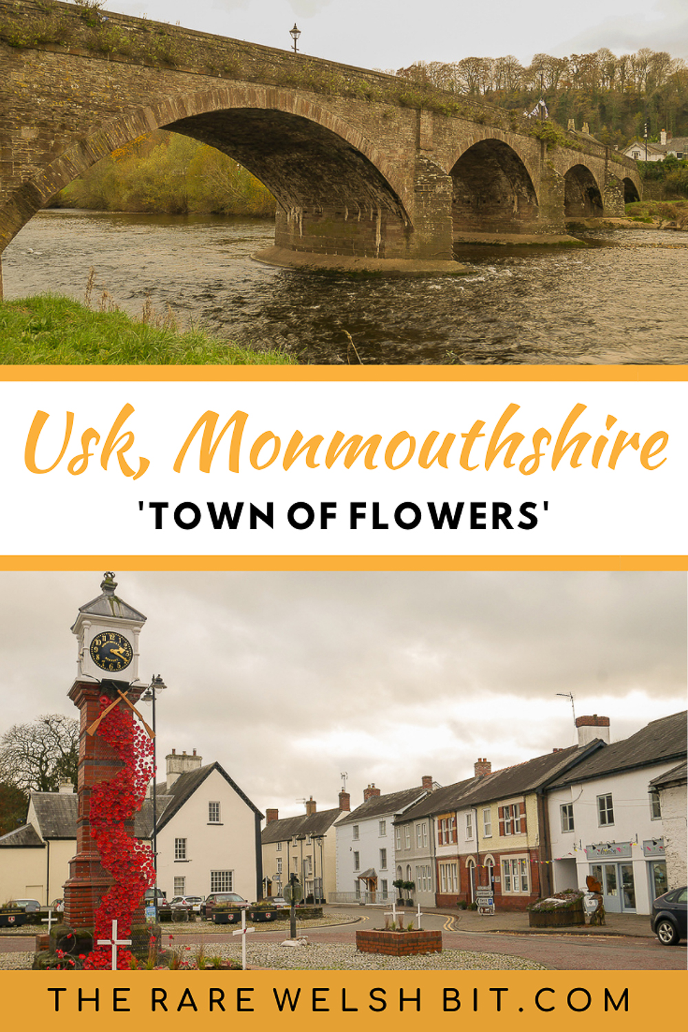 The stone arch bridge across the River Usk and the Clock Tower in Twyn Square in Monmouthshire, South Wales