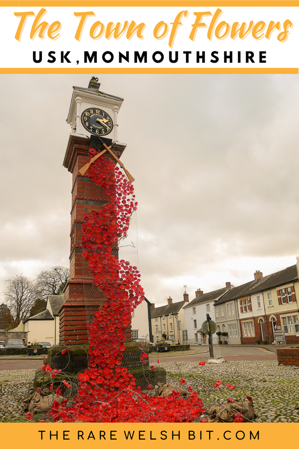 The Twyn Square Clock Tower in Monmouthshire, South Wales, decorated with poppies.