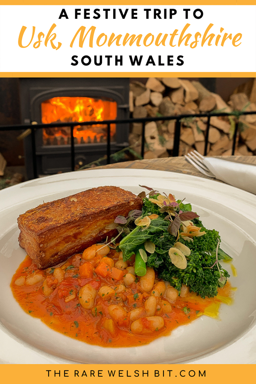 Pork belly with white beans, sobrasada, and kale, tender stem and almond salad.