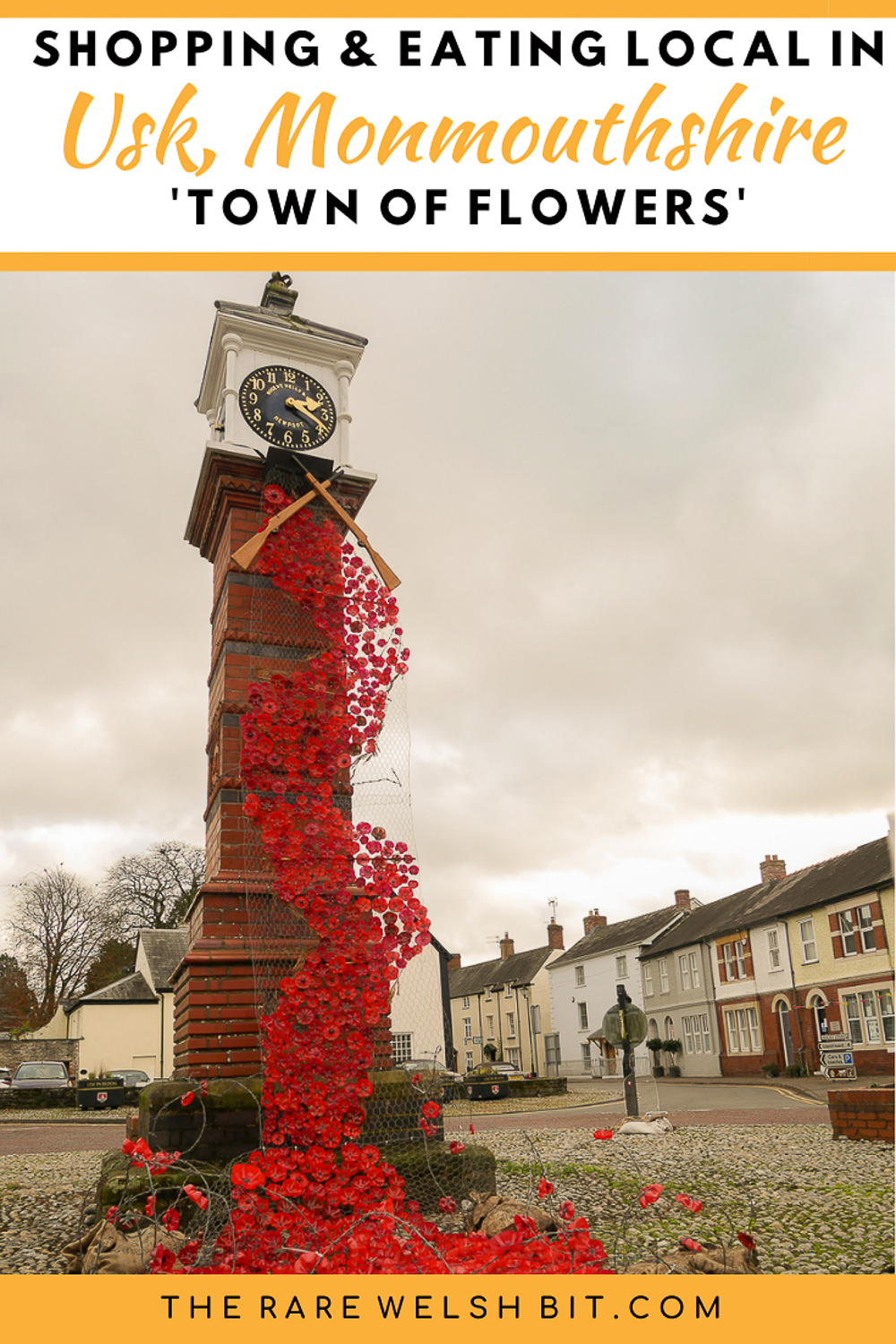 The Twyn Square Clock Tower in Monmouthshire, South Wales, decorated with poppies.