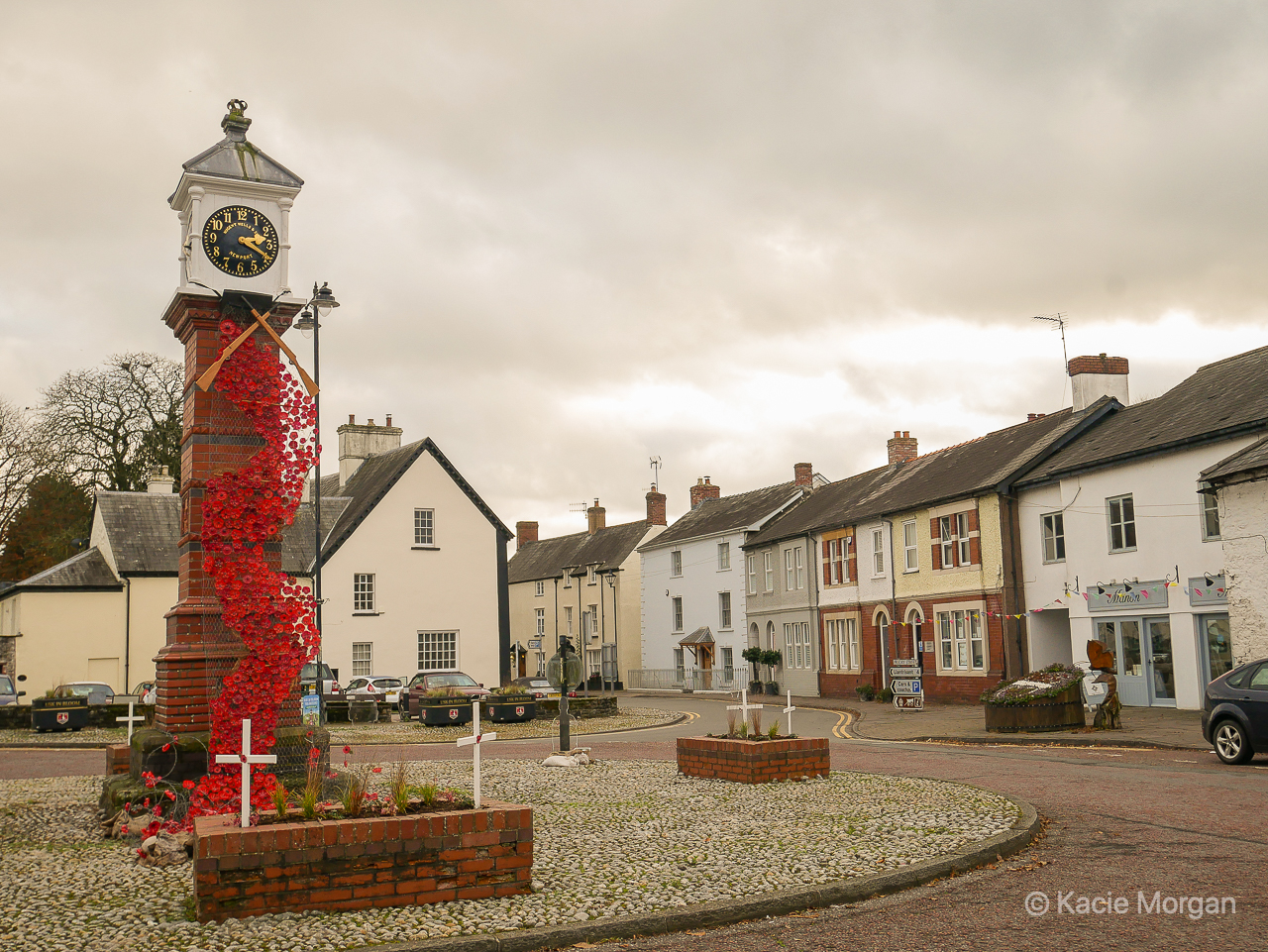 Twyn Square in Usk, Monmouthshire, decorated with poppies