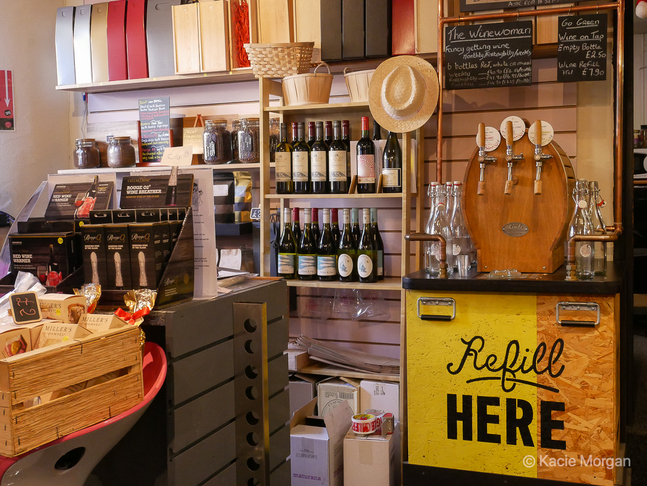 A refillable wine bottle option at Tell Me Wine wine shop in Chepstow, Monmouthshire
