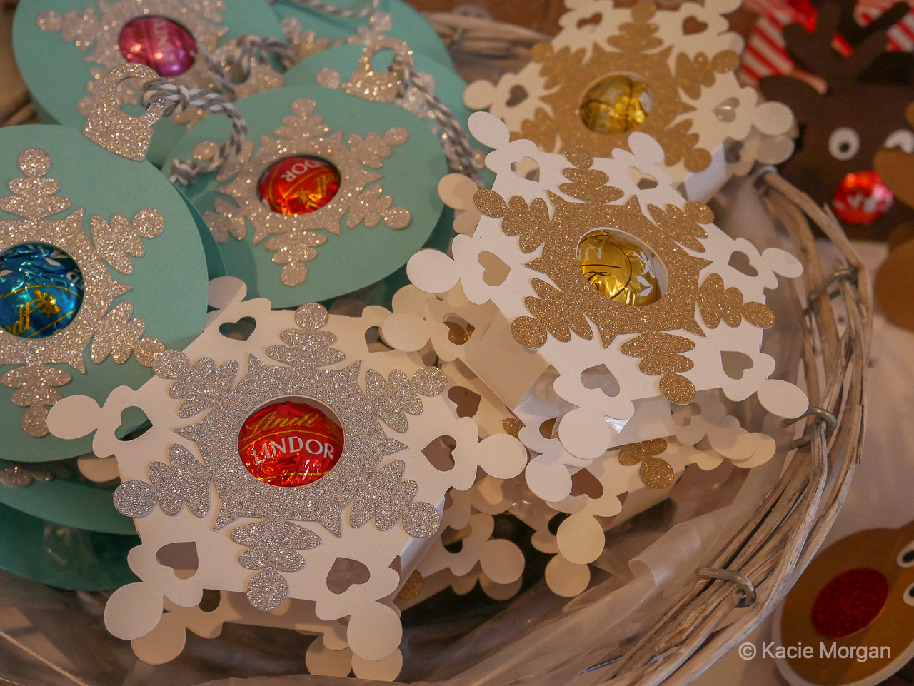 Christmas baubles featuring Lindt chocolates, made by Wendy Taylor of Chateau Bon-Bon, one of the best independent Chepstow shops