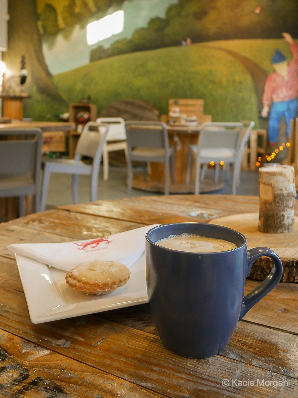 A latte and a mince pie in Chepstow Tourist Information centre