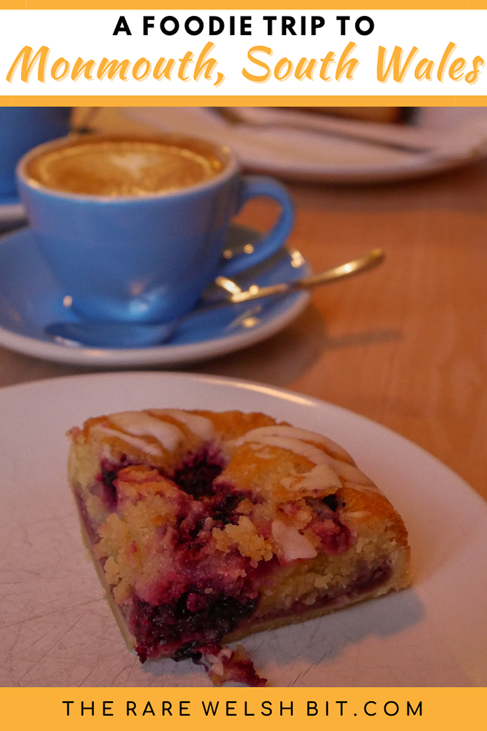 Berry bake and flat white coffee in Marches Deli, Monmouth