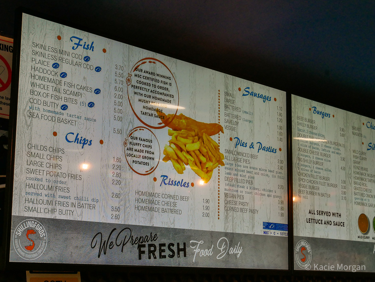 Fish and chip shop menu featuring MSC certified fish