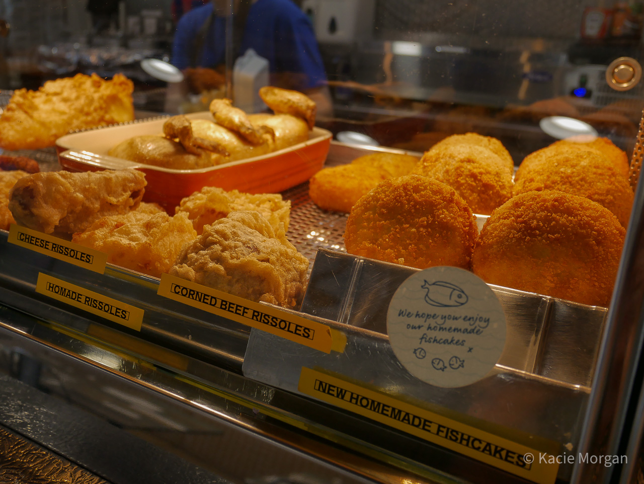Food on display in hot cabinet