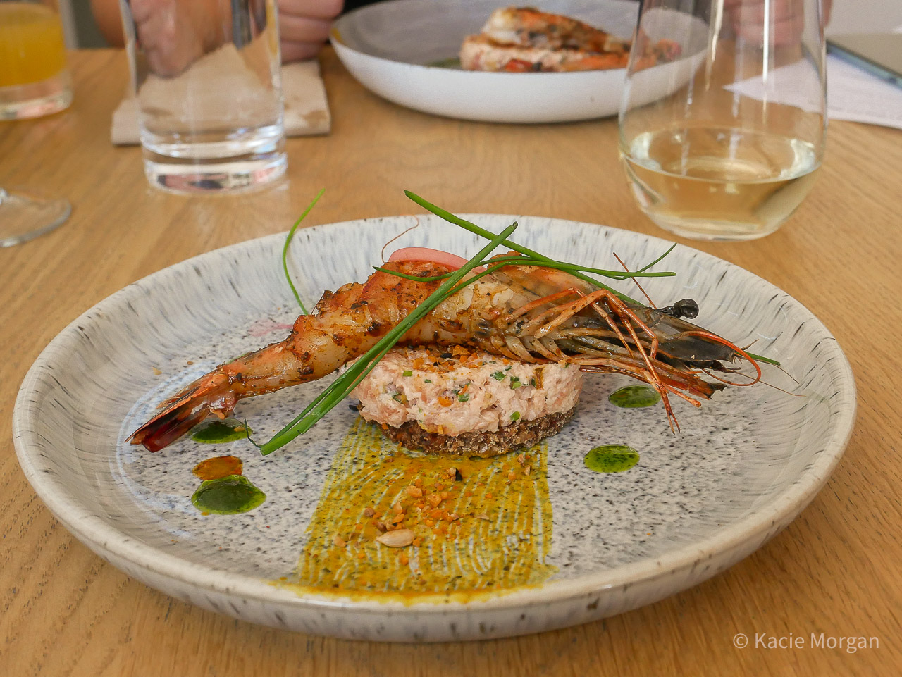 Hot and cold maple-smoked trout rillettes, rye, pickled radish, BBQ Creole shrimp, dill oil, maple mustard sauce