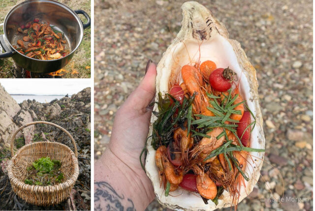 L-R, Clockwise: Cooking foraged finds on a 'Swedish stove'; an oyster shell filled with stir-fried prawns, rock samphire and crab apples; a basket filled with foraged prawns, shrimps and sea lettuce