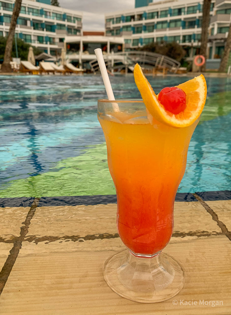 A 'Sex on the Beach' cocktail pictured next to the pool at Asimina Suites Hotel in Paphos, Cyprus