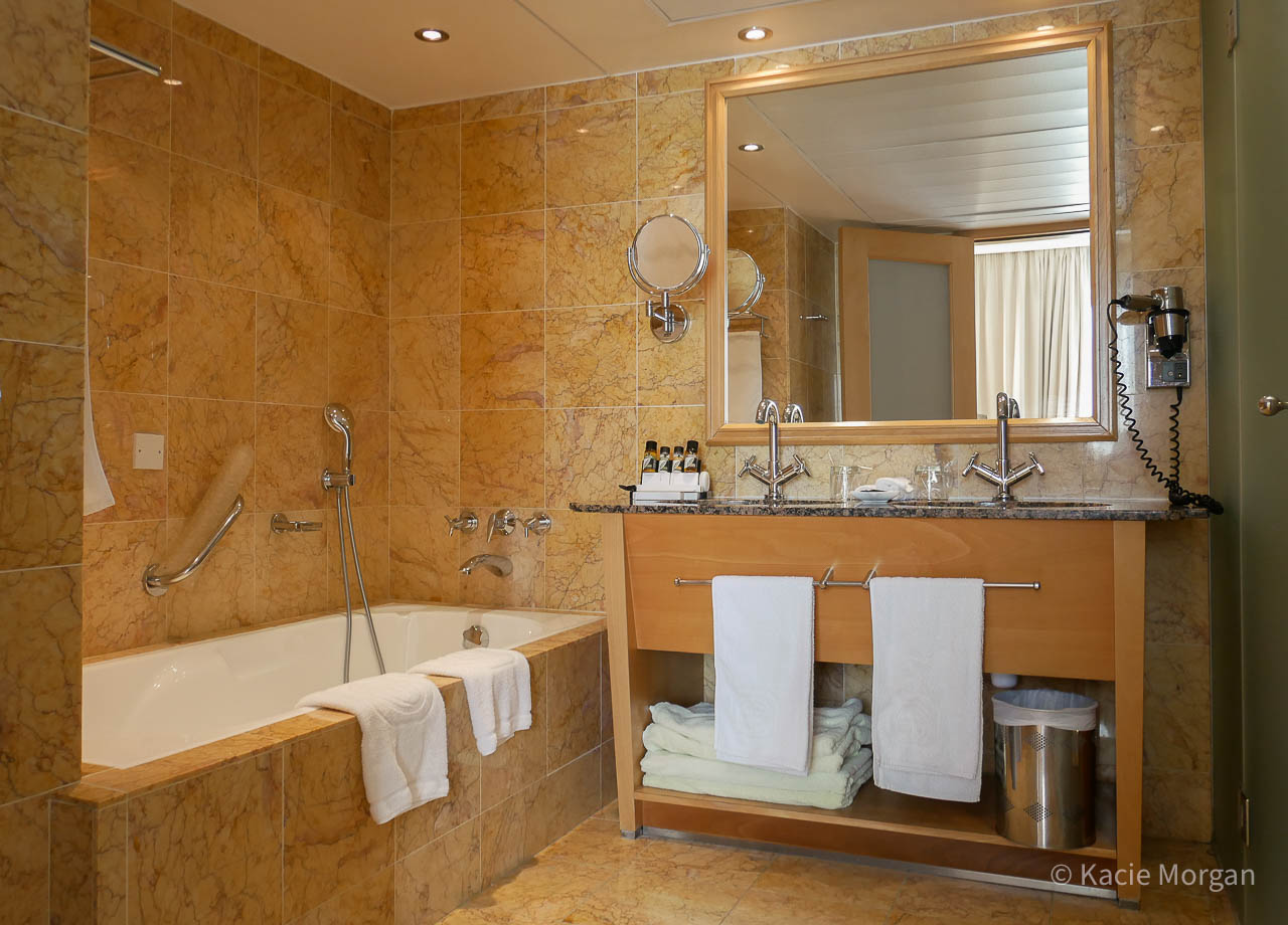 The double-basin marble bathroom in Asimina Suites Hotel in Paphos, Cyprus