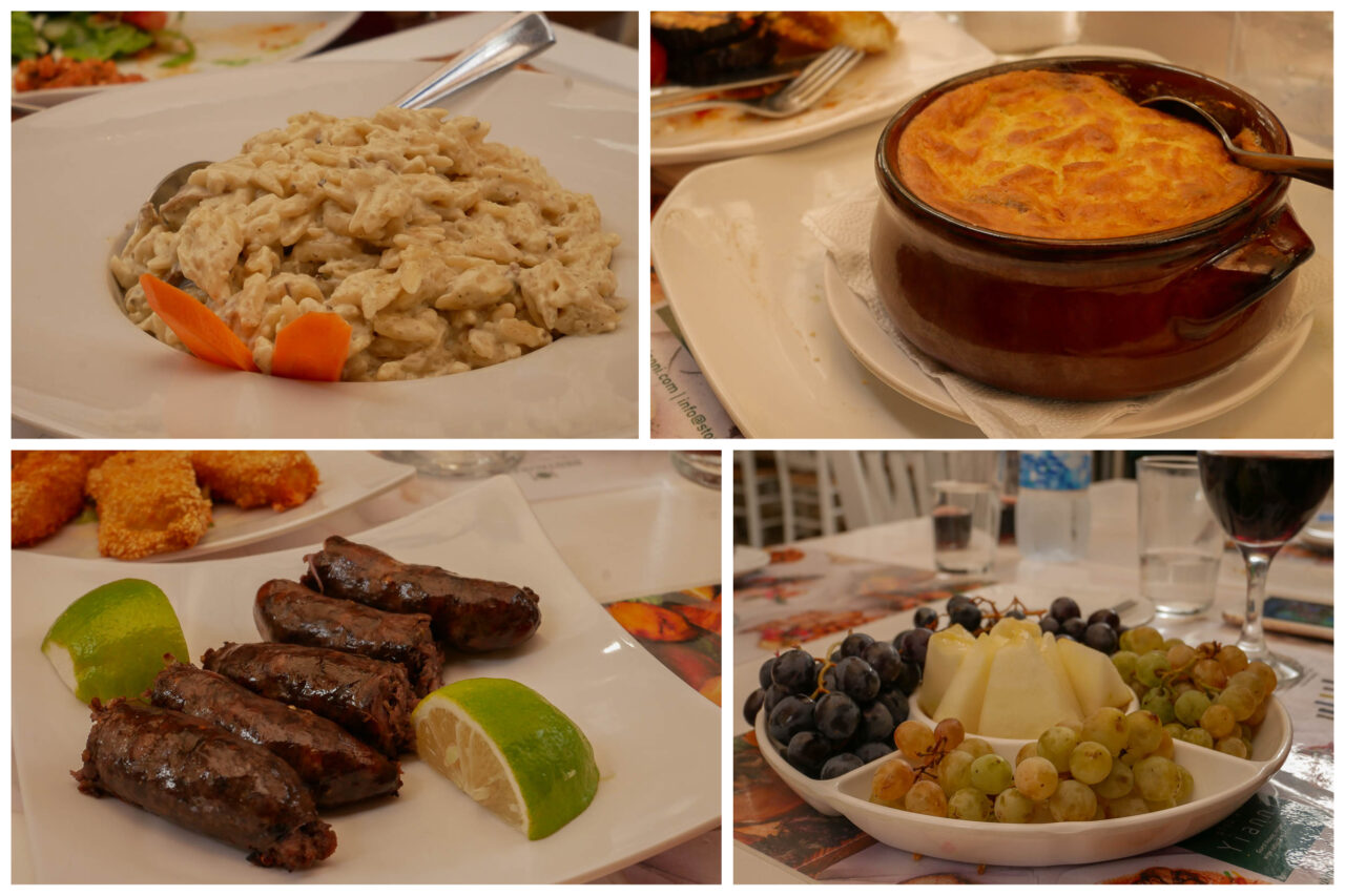 Collage showing dishes included in the mixed mezze meal at Stou Kir Yianni, popular tavern (restaurant) in Omodos, Cyprus