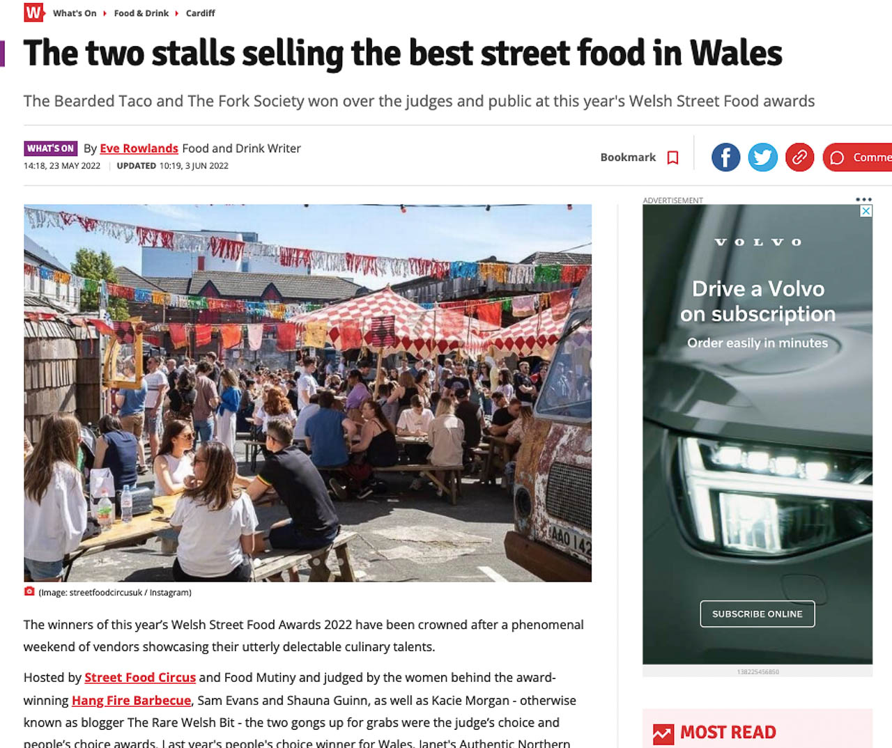 Screenshot of WalesOnline write-up on the Welsh Street Food Awards 2022