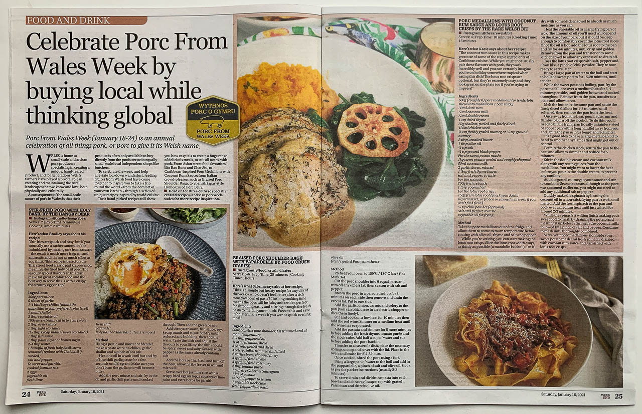 Newspaper clipping of Welsh food and travel blogger, Kacie Morgan's published Porc Blasus recipe in Western Mail