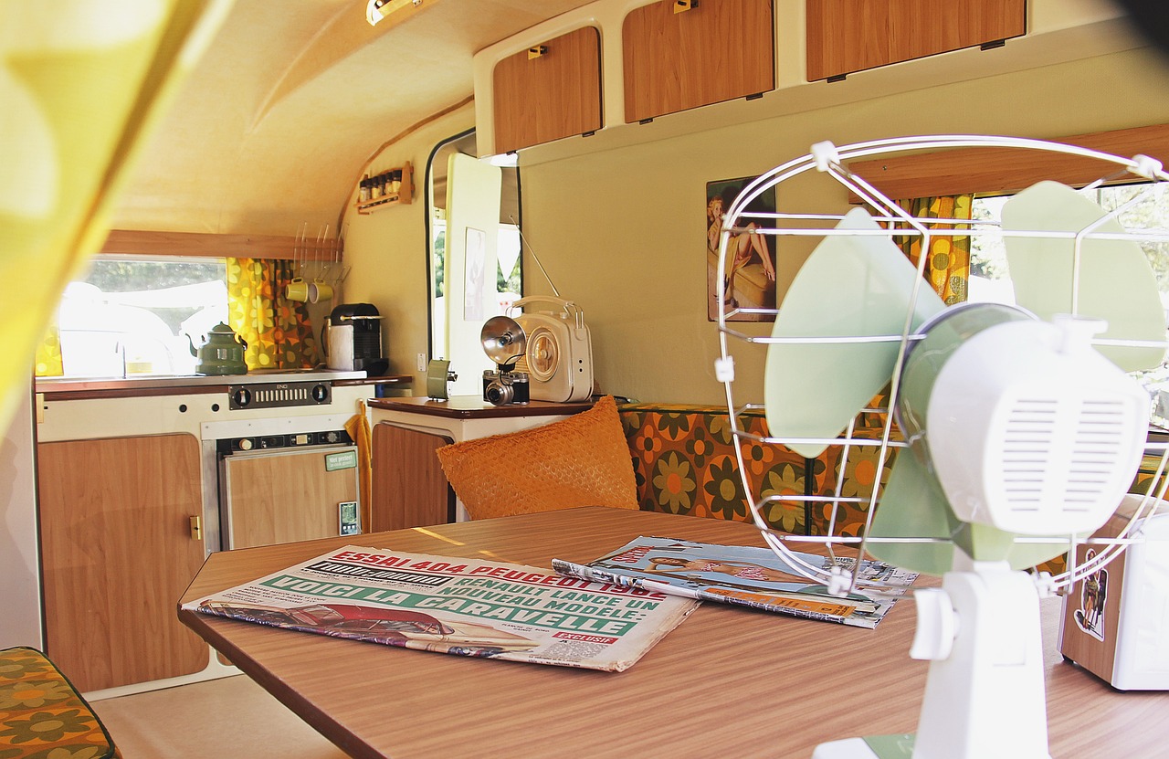 The interior of an old retro caravan