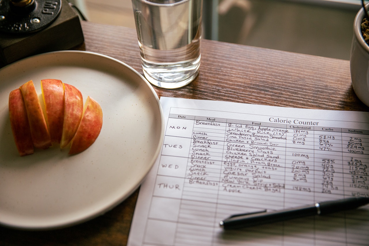Calorie counting on paper, with a sliced apple on a plate next to the paper.