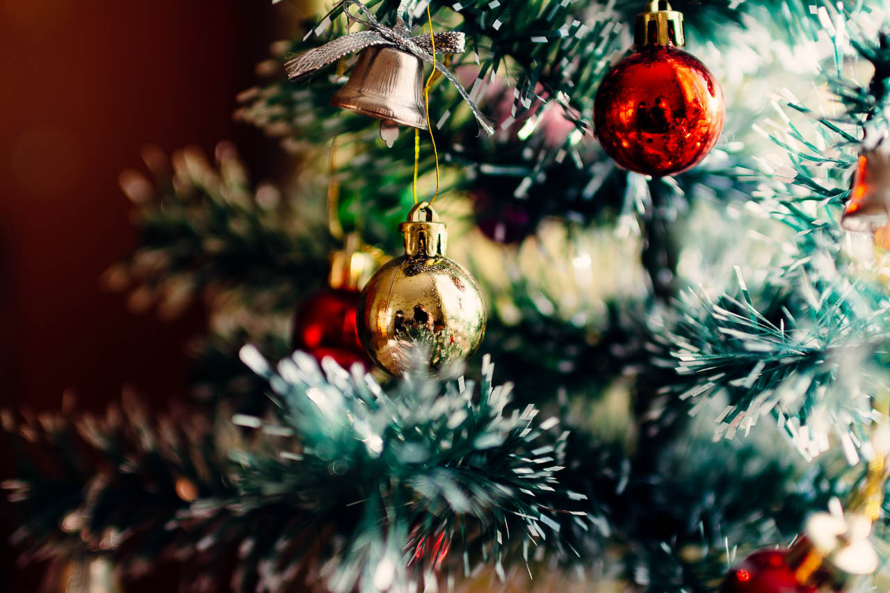 Baubles hanging on a Christmas tree