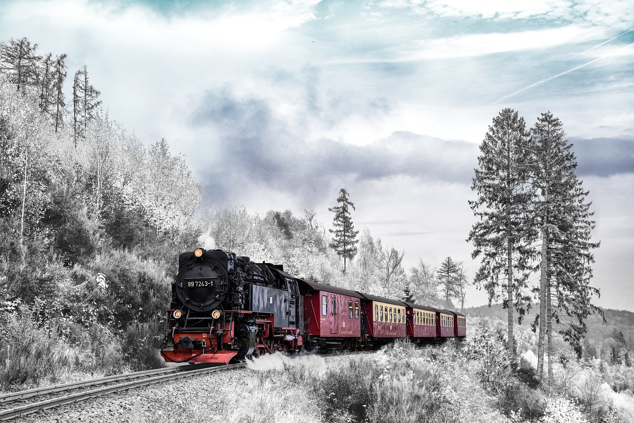 Steam train travelling through a wintery landscape