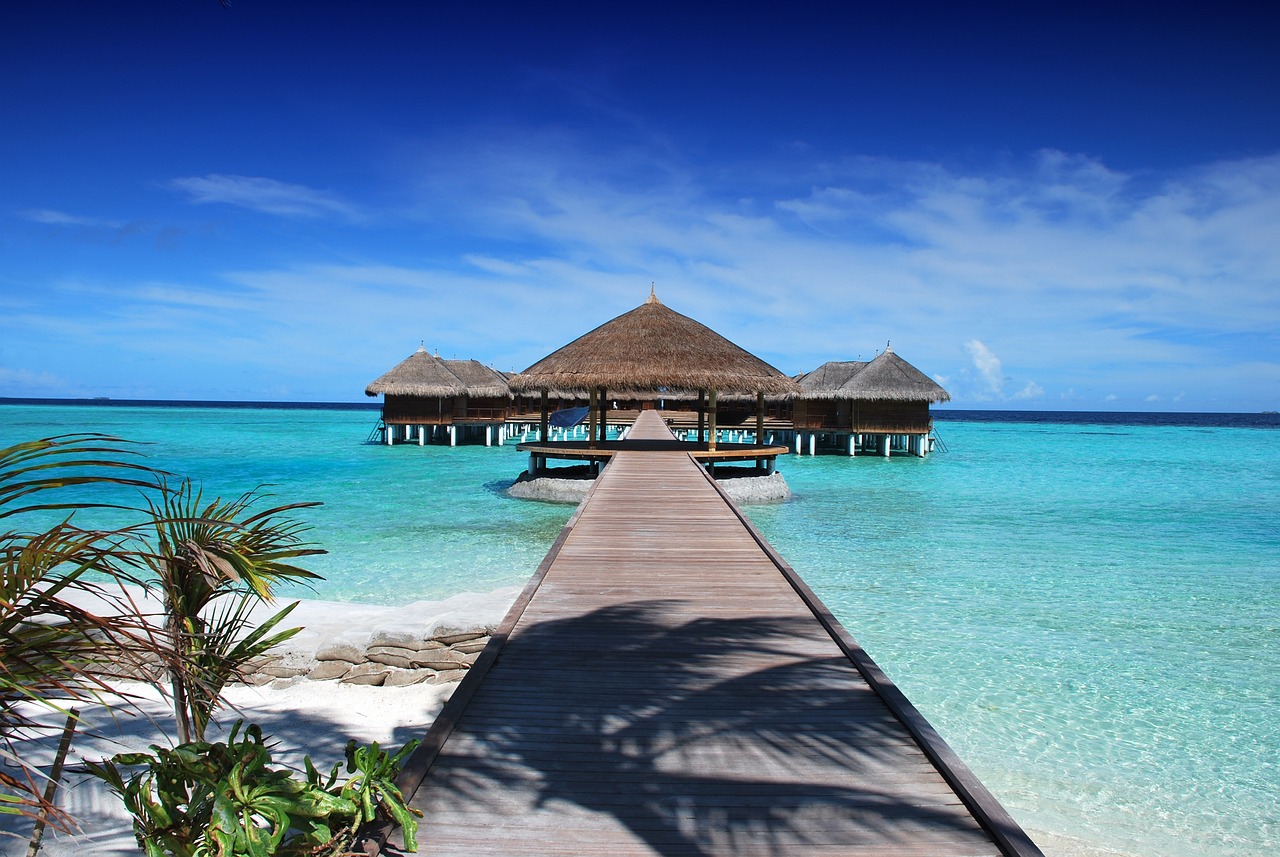 Overwater bungalows in the Maldives, in the Indian Ocean