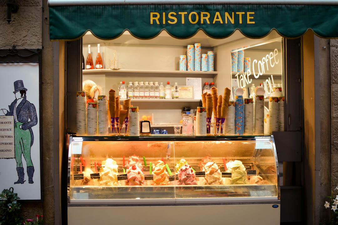 Italian ristorante with an ice cream display cabinet outside