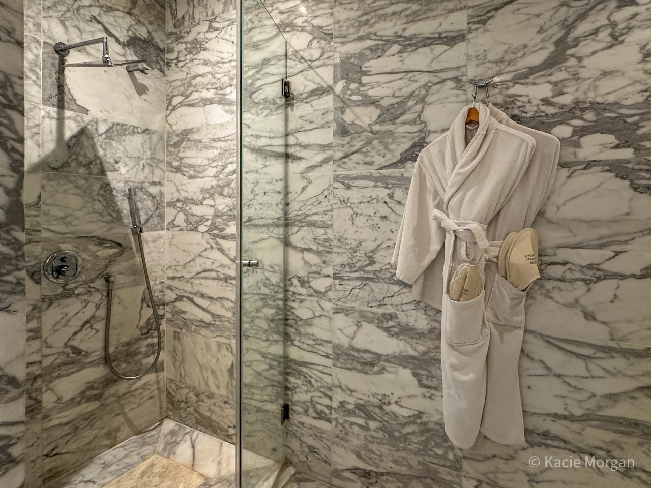 The shower and bathrobes in my marble bathroom at Hotel Royal Thalassa Monastir