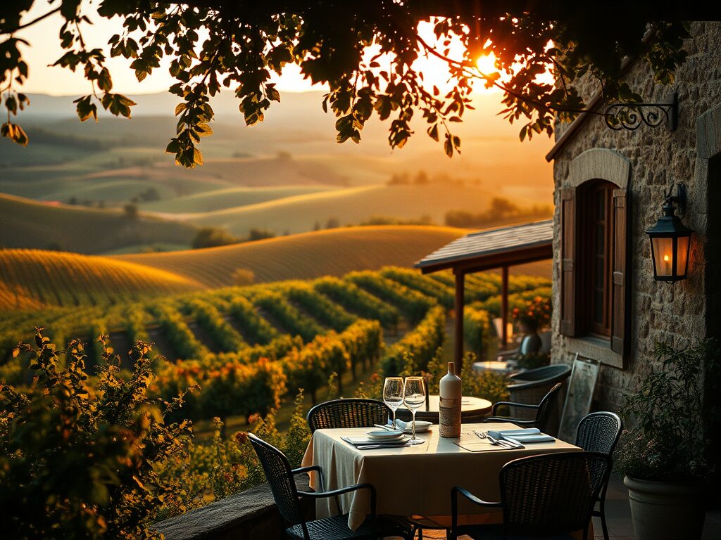 A table laid with wine overlooking green fields and valleys, with golden sunlight shining down.