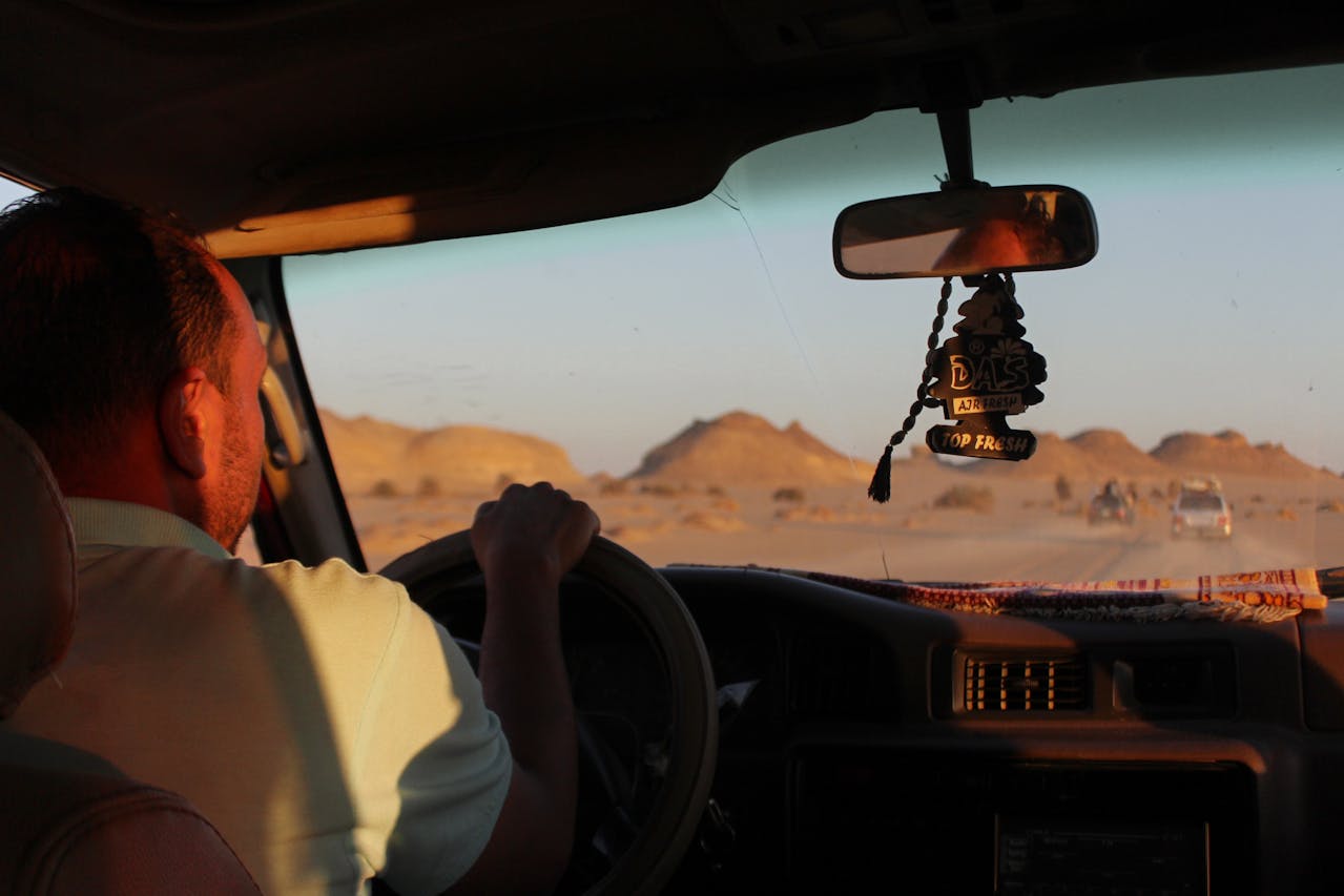 A man driving a car through a dry, desert-like environment, photographed from behind.