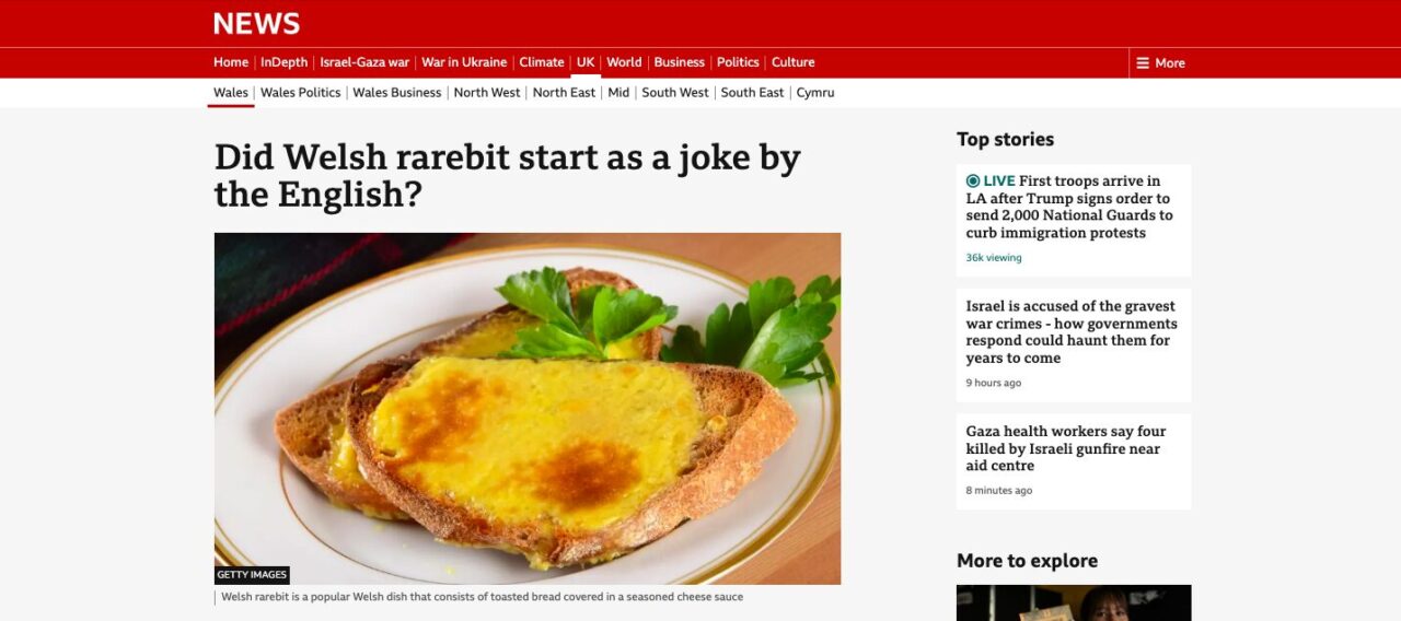 A screenshot of the BBC news article on the origins of Welsh rarebit, in which I am mentioned.