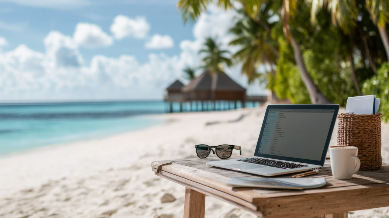 A laptop sits on a wooden table beside sunglasses and a steaming cup of coffee, with the tranquil beach and turquoise waters in the background, perfect for remote work.