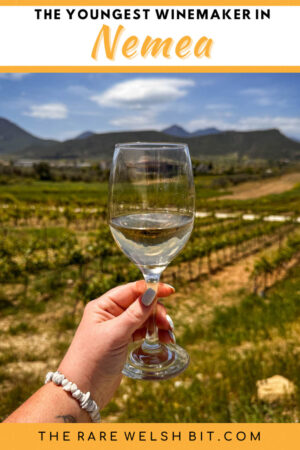 My hand holding a glass of white wine up to the sunlight at Papagiannakopoulos Winery in Nemea, Peloponnese