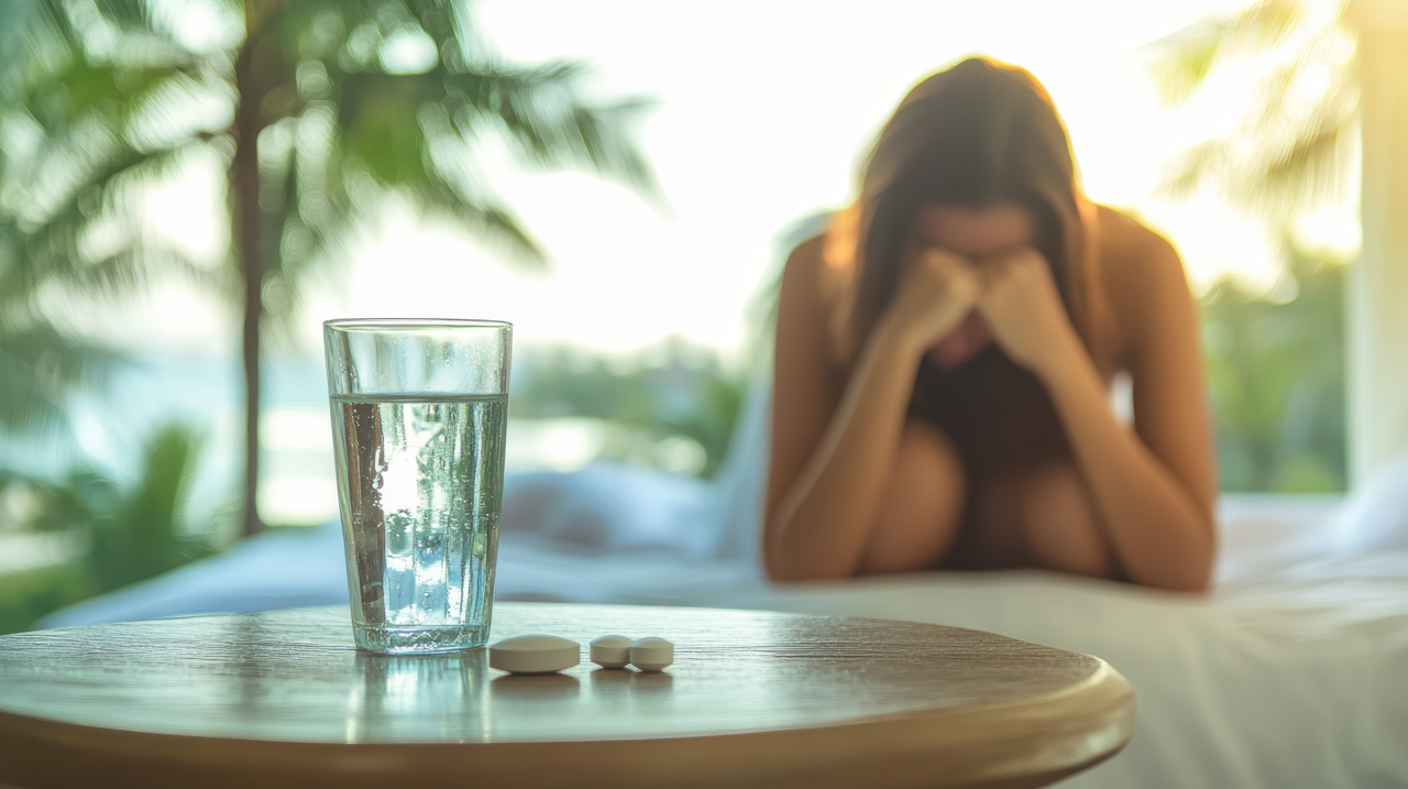 A glass of water on a table, next to some tablets. In the background, a female issitting on a chair with her head in her hands, with a pleasant travel scene and a tree visible in the background.