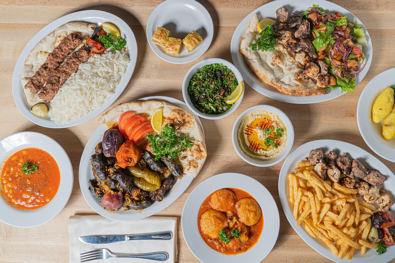 A flatlay arrangement of popular Turkish food dishes