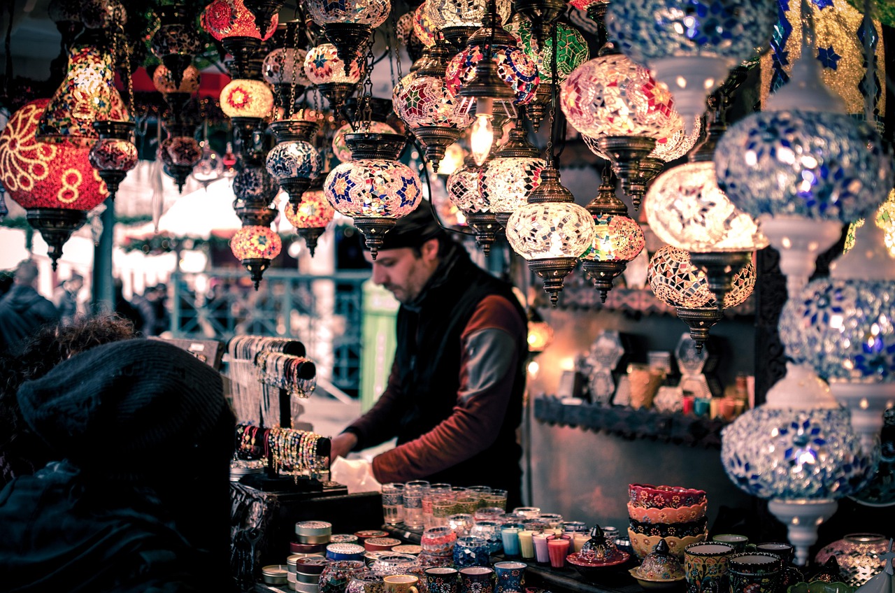Glass lanterns for sale in a bazaar