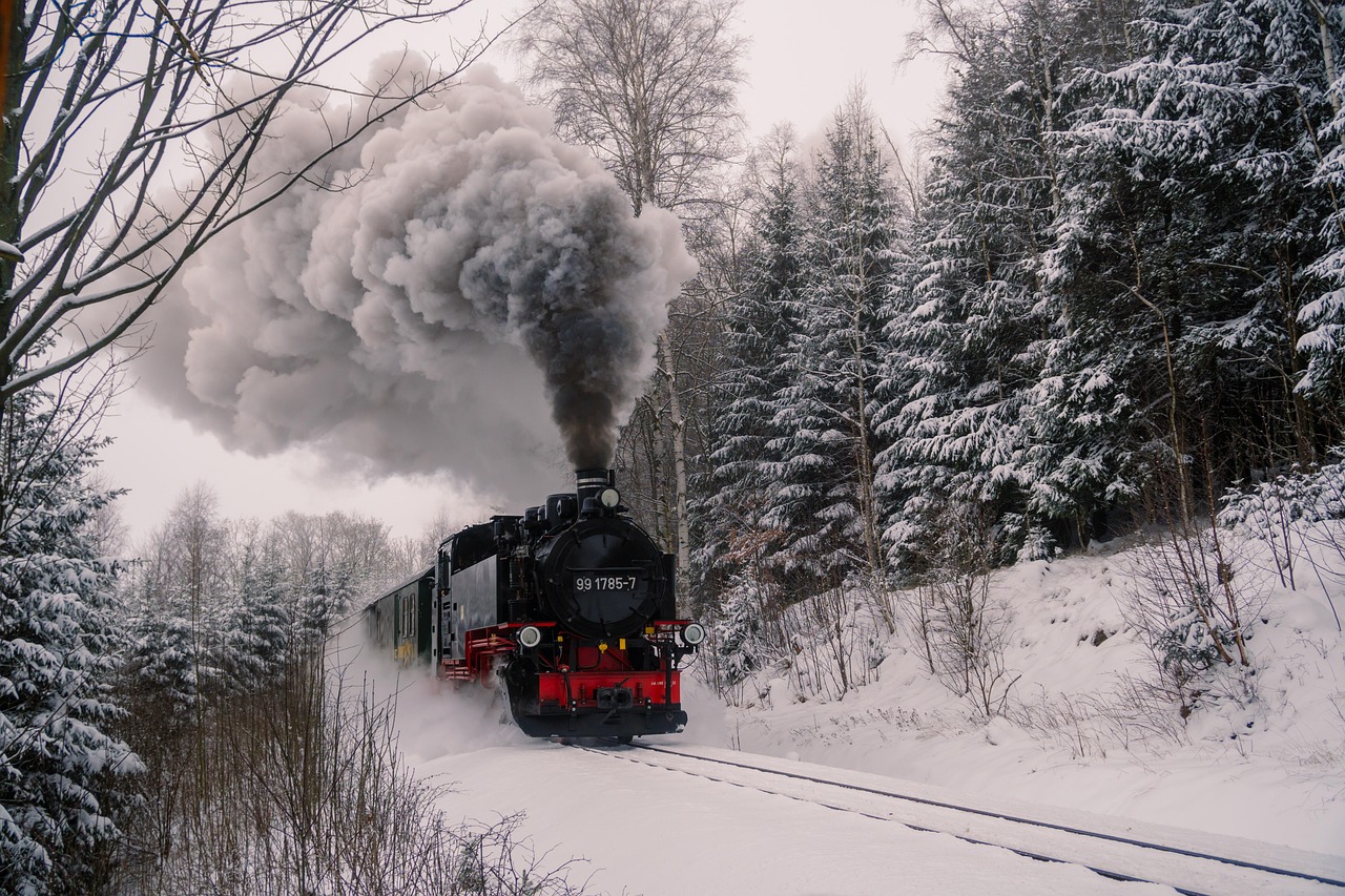 A steam train ploughing through the snow.