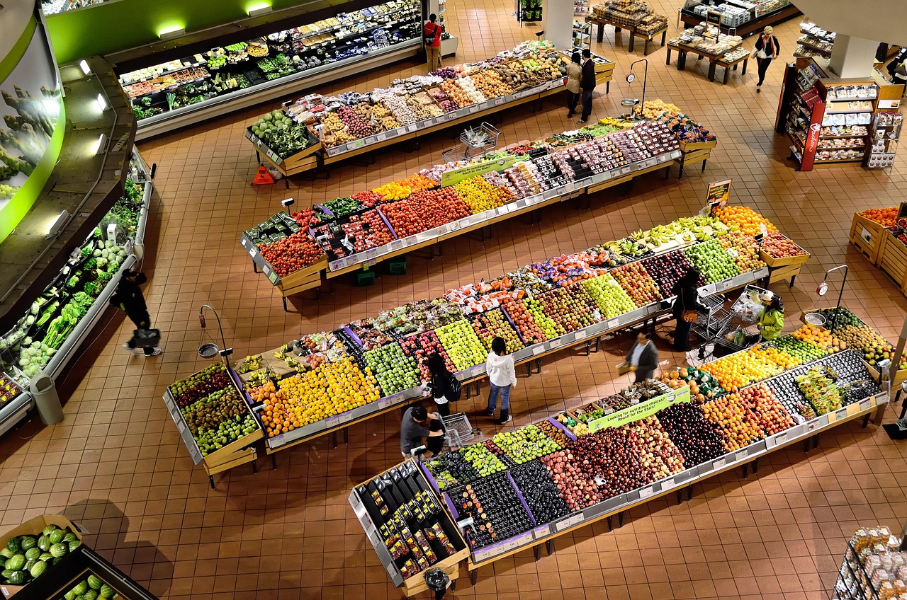 Overhead view of people wandering around a supermarket