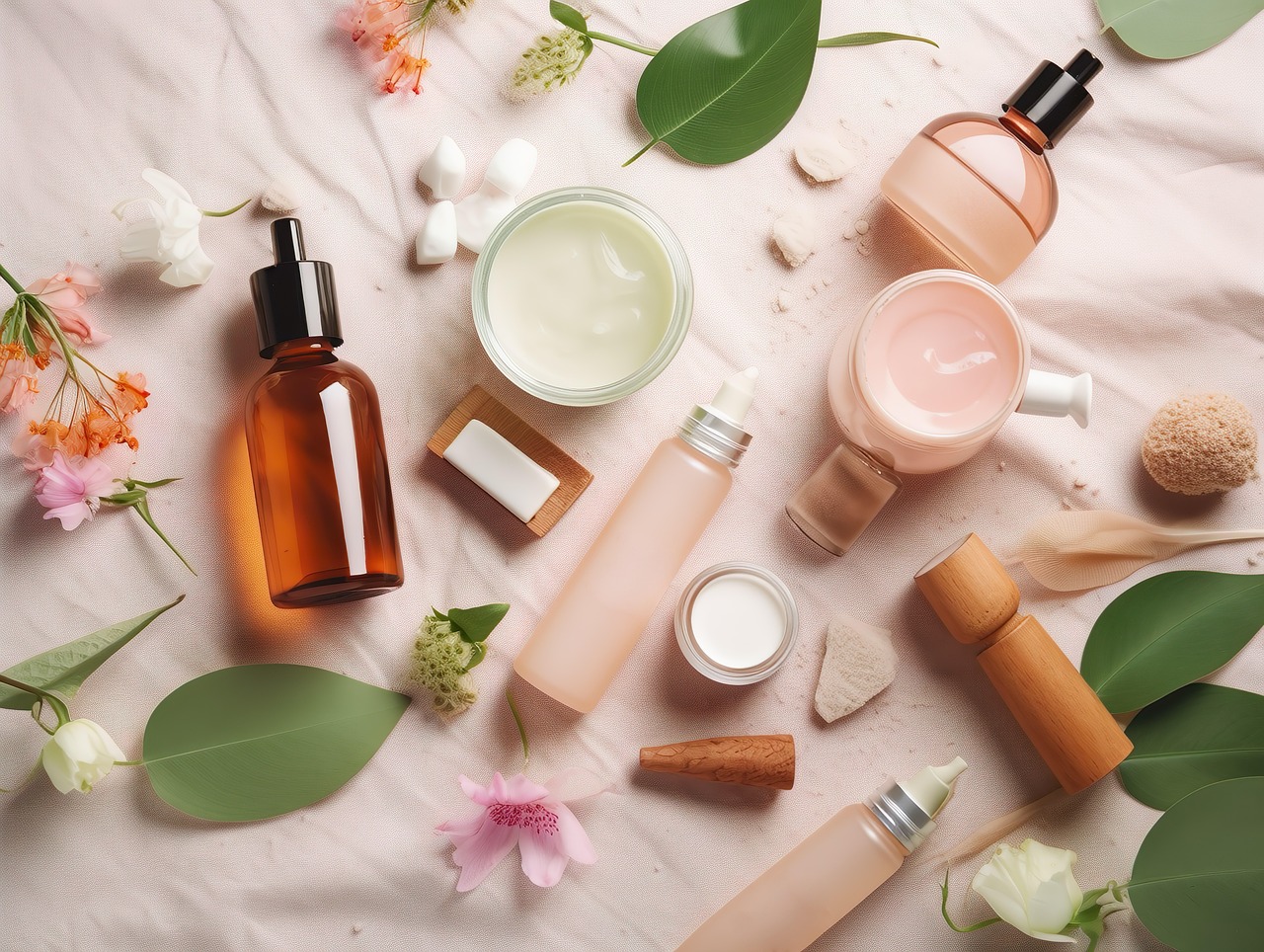 A selection of toiletries in travel bottles
