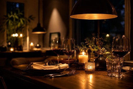 A table set for dinner, with cosy low hanging lighting