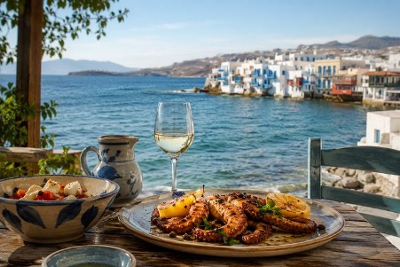 A plate of food and a wine glass on a table overlooking the sea