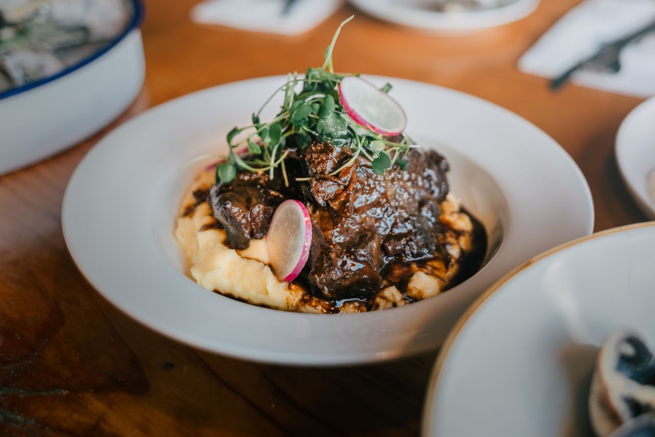 Delicious braised beef served over creamy mashed potatoes with microgreens and radish garnish.