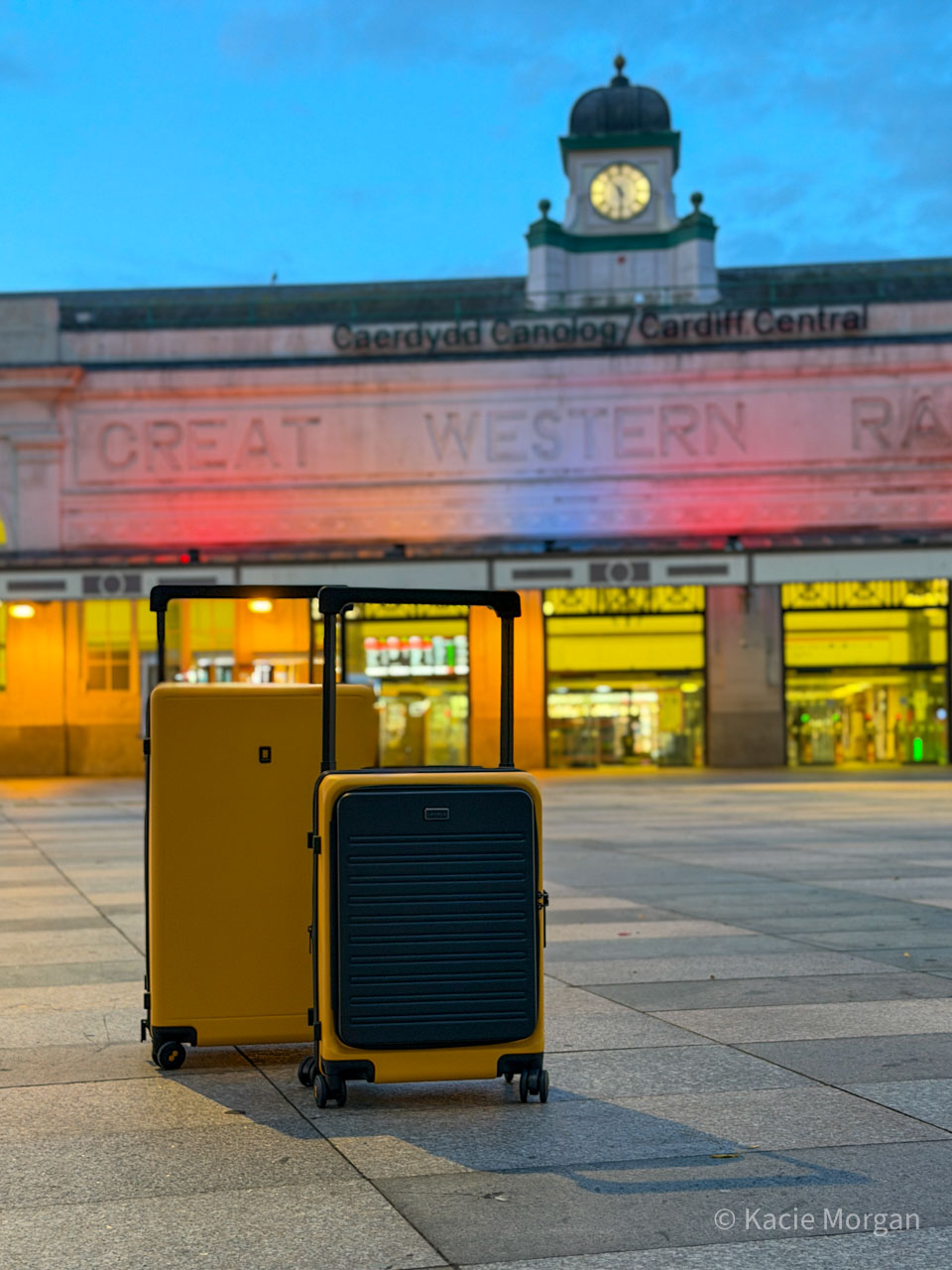 Two LEVEL8 cases pictures outside Cardiff Central station